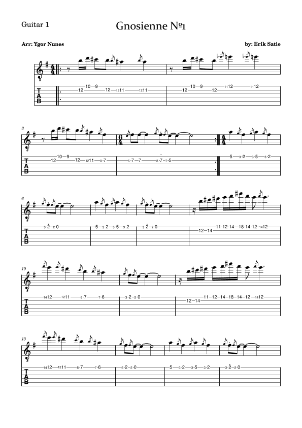 Gnosienne n1 TAB for Guitar Duet,  - Erik Satie (arr. Ygor Nunes)