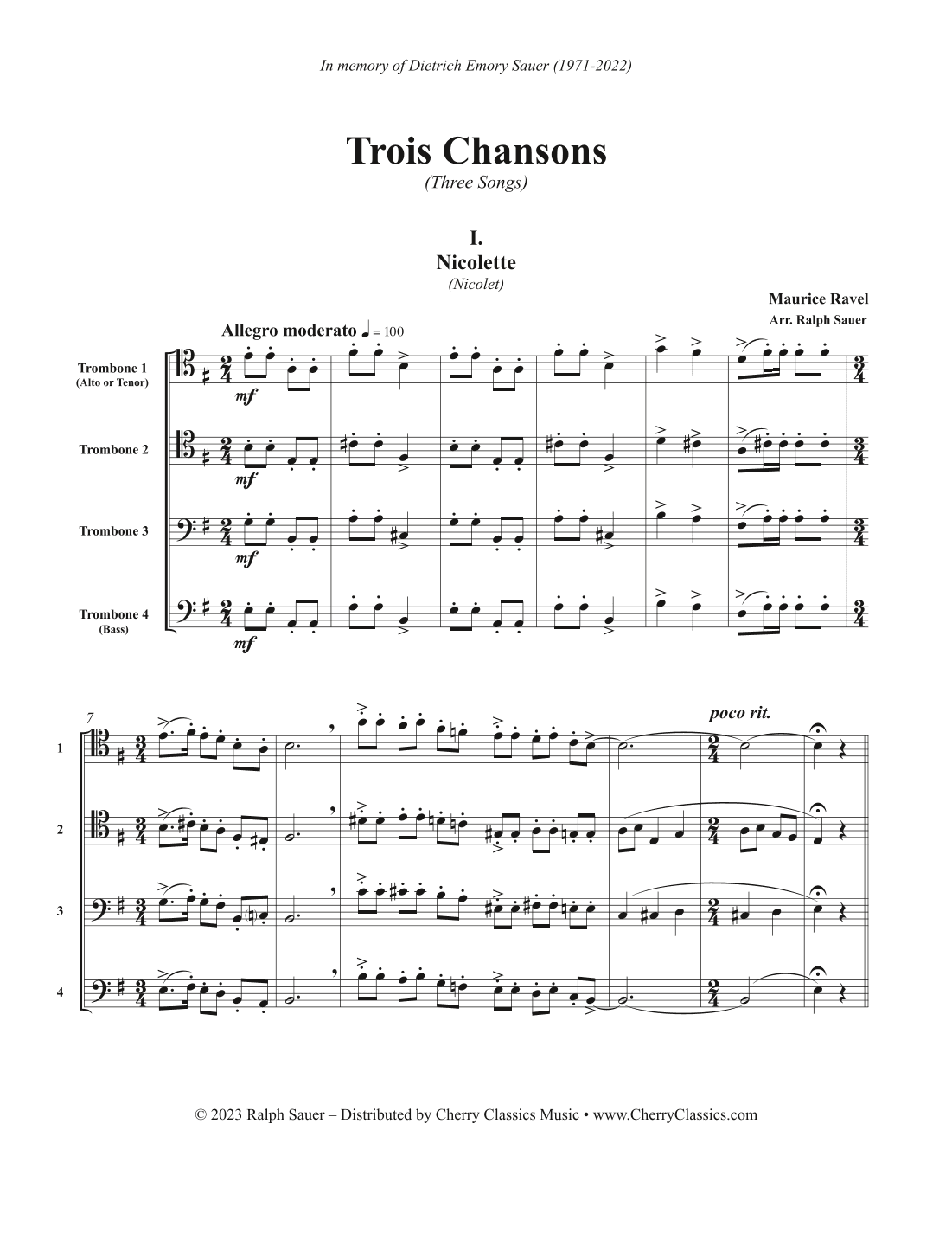 Trois Chansons (Three Songs) for Trombone Quartet (arr. Ralph Sauer)