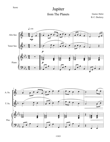 Jupiter (from The Planets) for Alto and Tenor Sax Duet with Piano Accompaniment (arr. B. C. Dockery)
