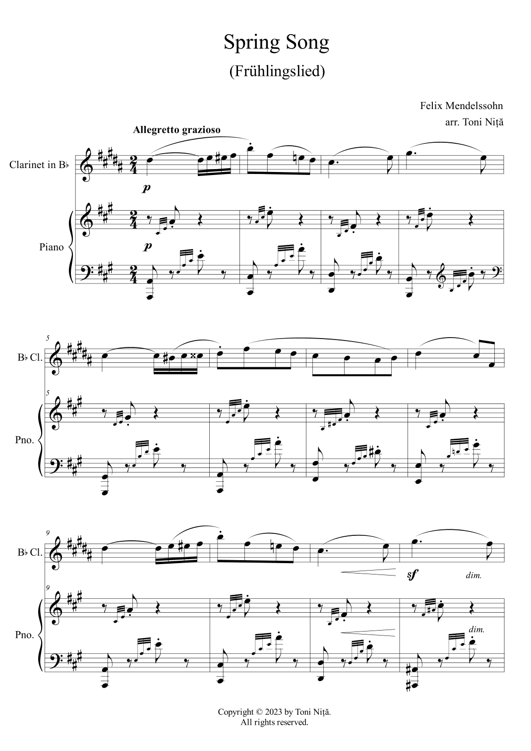 Felix Mendelssohn - Spring Song (for Clarinet in Bb & Piano) (arr. Toni Nita)