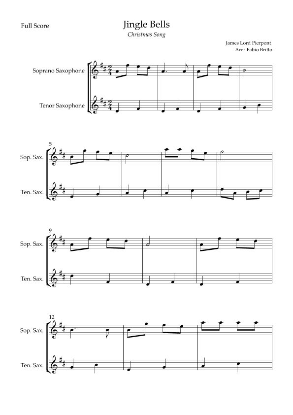 Jingle Bells (Christmas Song) for Soprano Saxophone & Tenor Saxophone Duo (arr. Fabio Britto)
