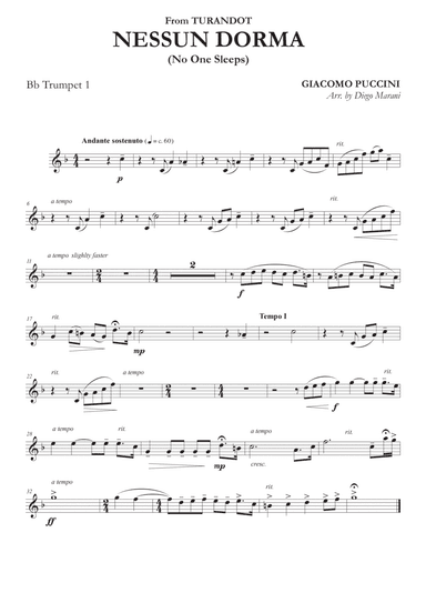 Nessun Dorma for Brass Quintet (arr. Diego Marani)