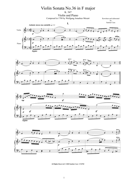 Mozart - Violin Sonata No.36 in F major K 547 for Violin and Piano - Score and Part (arr. Santino Cara)