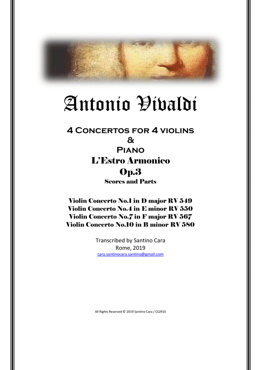 Vivaldi - 4 Concertos - L'Estro Armonico Op.3 - For 4 Violins and Piano - Scores and Parts (arr. Santino Cara)