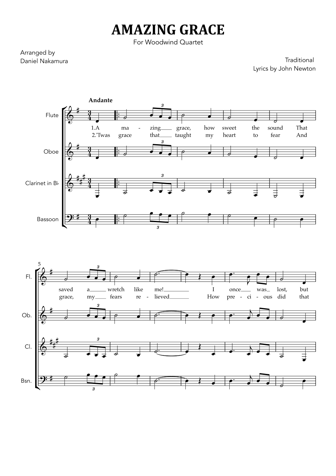 Amazing Grace (for Woodwind Quartet) (arr. Daniel Nakamura)