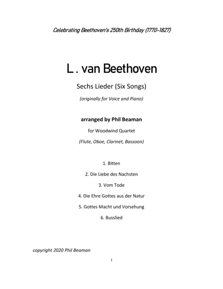 Sechs Lieder (Six Songs)-Beethoven-woodwind quartet (arr. Phil Beaman)