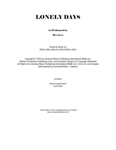 Lonely Days (arr. Jim Farley www.arrangementsone.com)