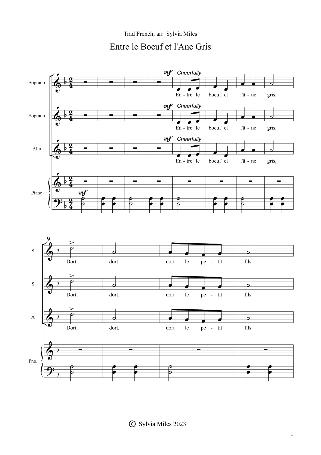 Entre le Boeuf et l'Ane Gris (arr. Sylvia Miles)