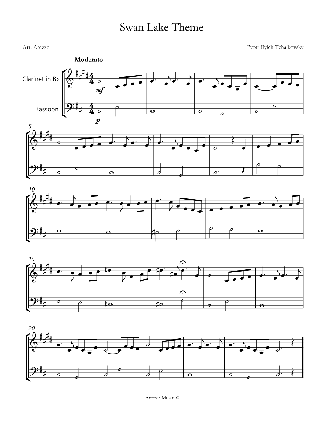 the swan lake theme sheet music for beginners Clarinet and Bassoon (arr. Arezzo Music)