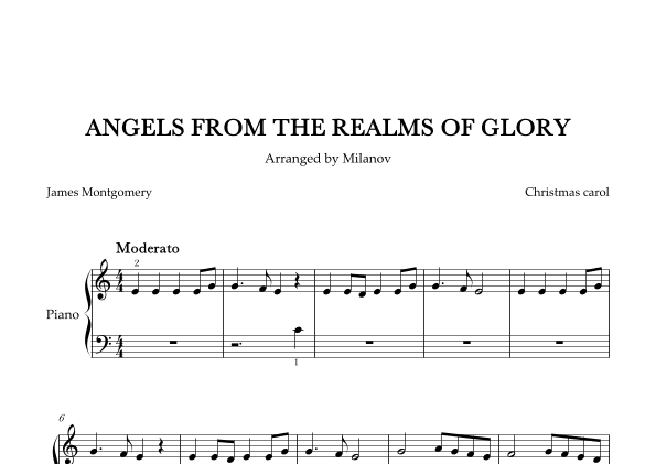Angels from the realms of glory in C Piano Very Easy Christmas carol original rhythm (arr. Milanov)