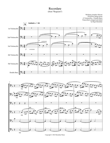 Recordare (from "Requiem") (F) (String Sextet - 5 Cellos, 1 Bass) (arr. Regis Bookshar)