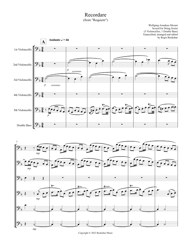Recordare (from "Requiem") (F) (String Sextet - 5 Cellos, 1 Bass) (arr. Regis Bookshar)