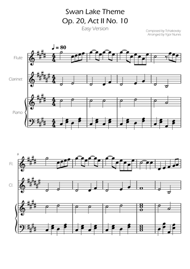 Swan Lake (theme) - Tchaikovsky - Flute and Clarinet Duet w/ Piano Accompaniment (arr. Ygor Nunes)