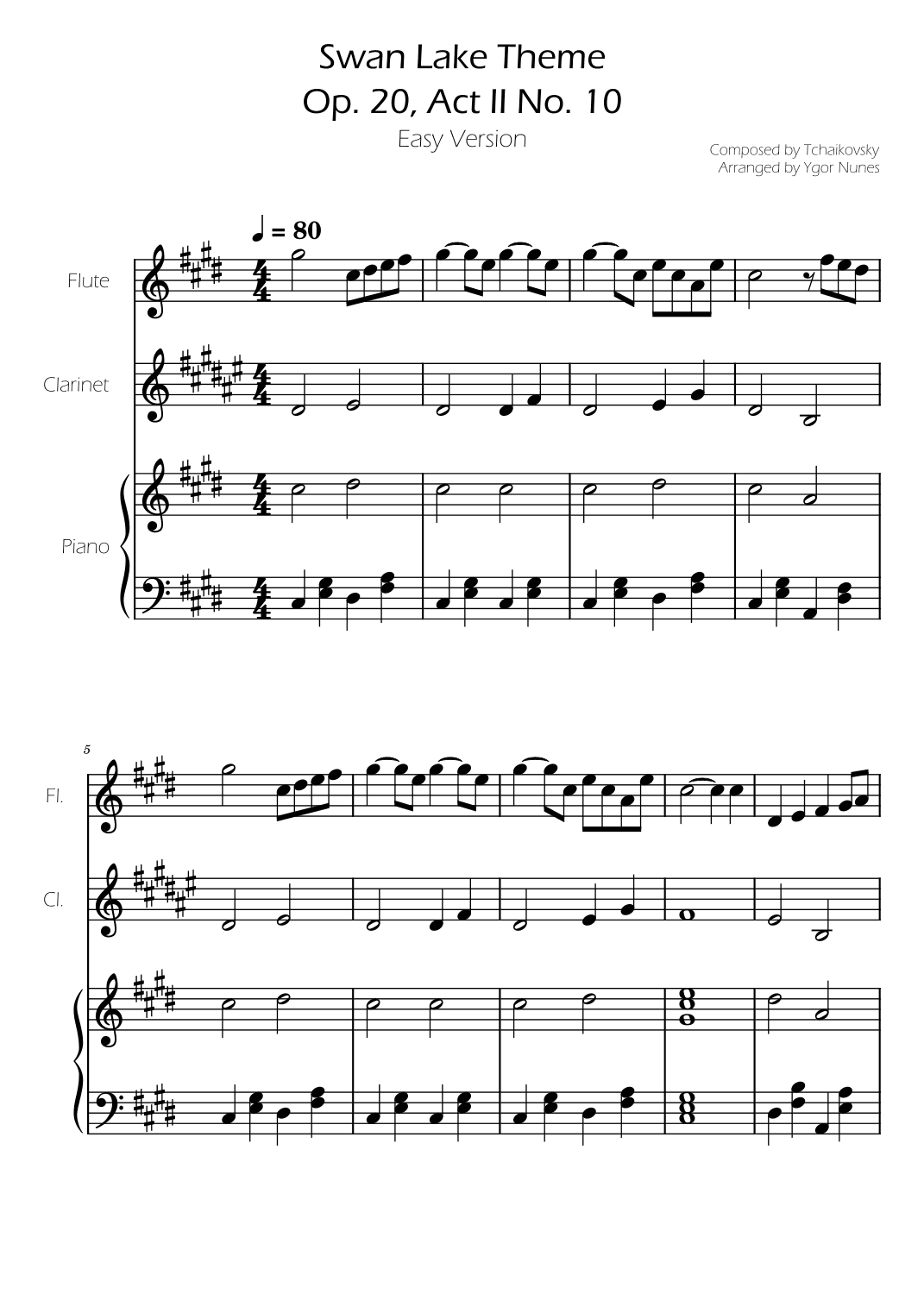 Swan Lake (theme) - Tchaikovsky - Flute and Clarinet Duet w/ Piano Accompaniment (arr. Ygor Nunes)
