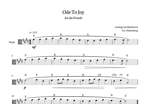 Beethoven - Ode To Joy for Viola with chords in E major (arr. Heisenberg)