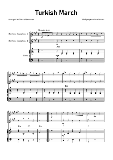 Turkish March by Mozart - Baritone Saxophone Duet with Piano and Chord Notations (arr. Glauco Fernandes)