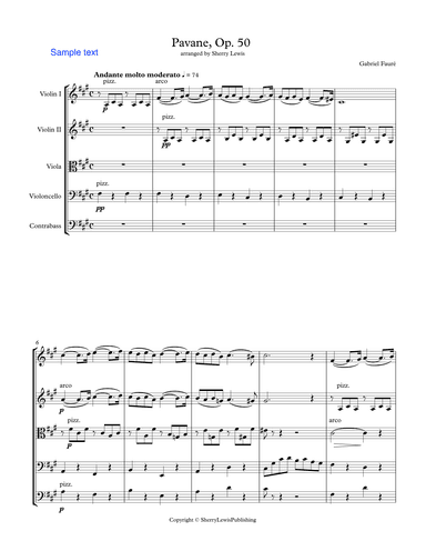 PAVANE Op. 50 by Fauré for STRING ORCHESTRA, Intermediate Level (2 violins, viola, cello, string bas (arr. Sherry Lewis)