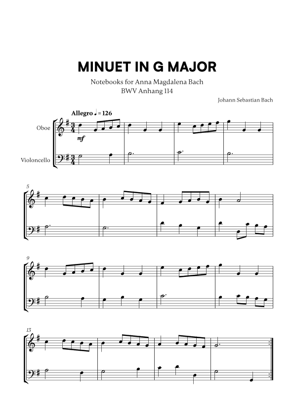 Minuet in G Major (BWV Anh. 114) (for Oboe and Cello) (arr. Cadenza Editions)