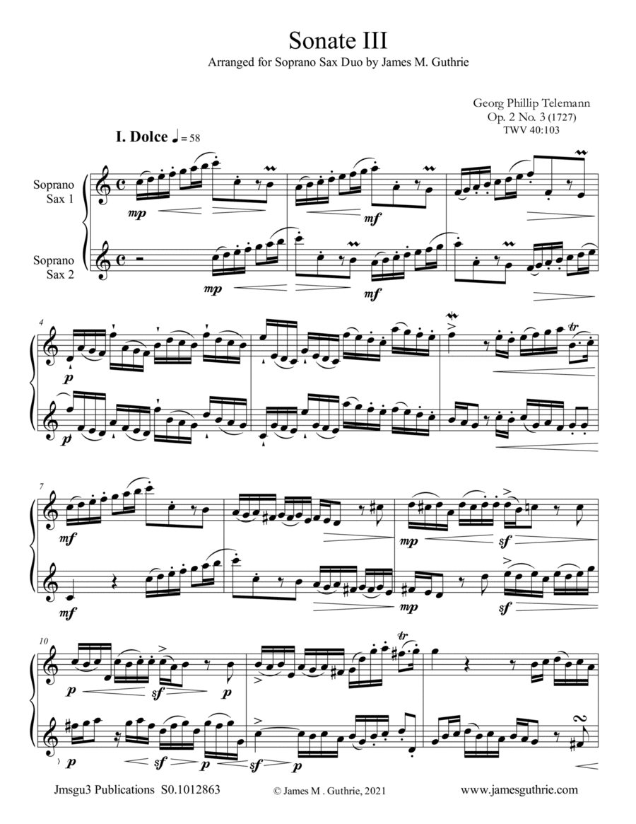 Telemann: Sonata Op. 2 No. 3 for Soprano Sax Duo (arr. James M. Guthrie)