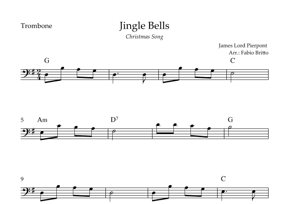 Jingle Bells (Christmas Song) for Trombone Solo with Chords (arr. Fabio Britto)
