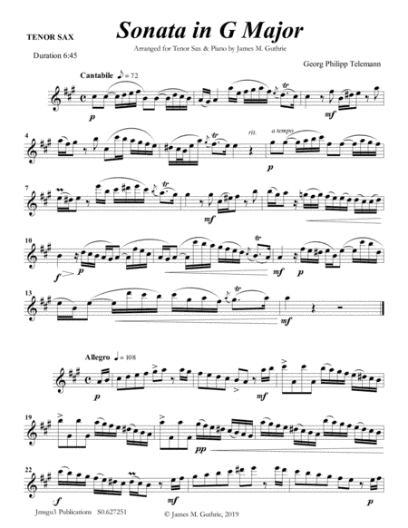 Telemann: Four Sonatas for Tenor Sax & Piano (arr. James Guthrie, ASCAP)