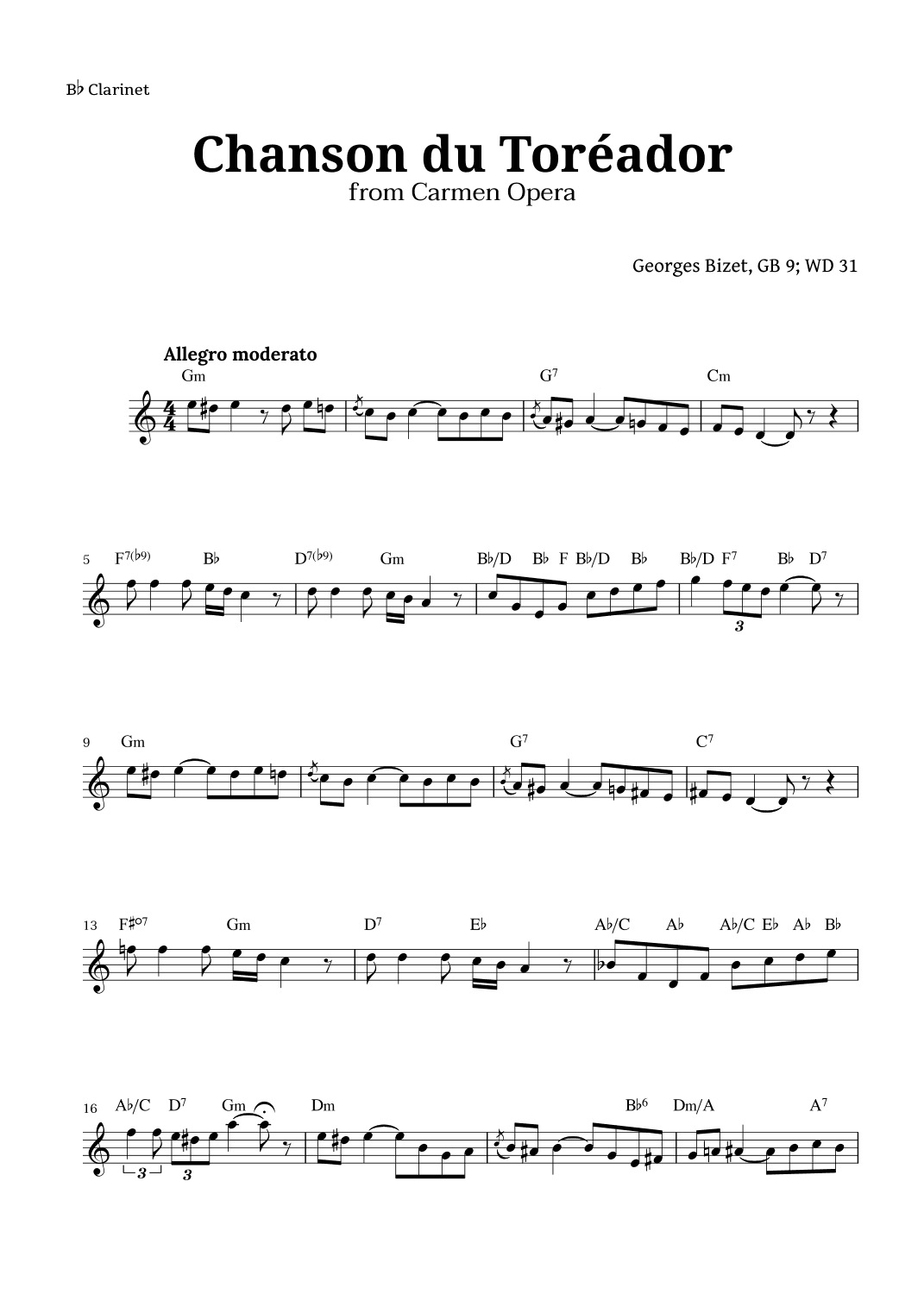 Chanson du Toreador by Bizet for Clarinet (arr. Langanho)
