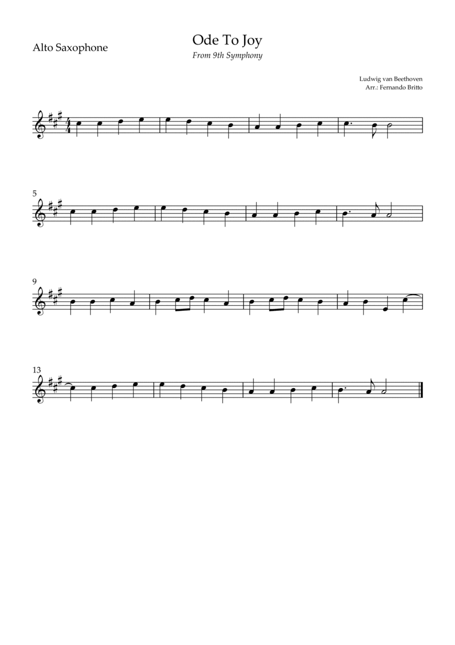 Ode To Joy (from Beethoven's 9th Symphony) for Alto Saxophone Solo (arr. Fernando Britto)