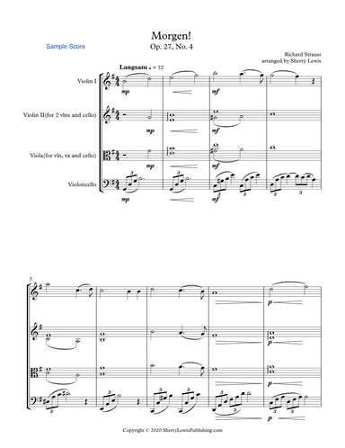 MORGEN! R.Strauss, String Trio, Intermediate Level for 2 violins and cello or violin, viola and cell (arr. Sherry Lewis)