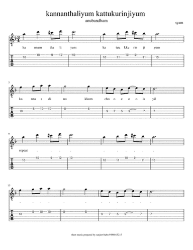 kannanthaliyum kattukkurinjiyum sheet music with guitar tabs and lyrics with chords (arr. indian guitar lessons)