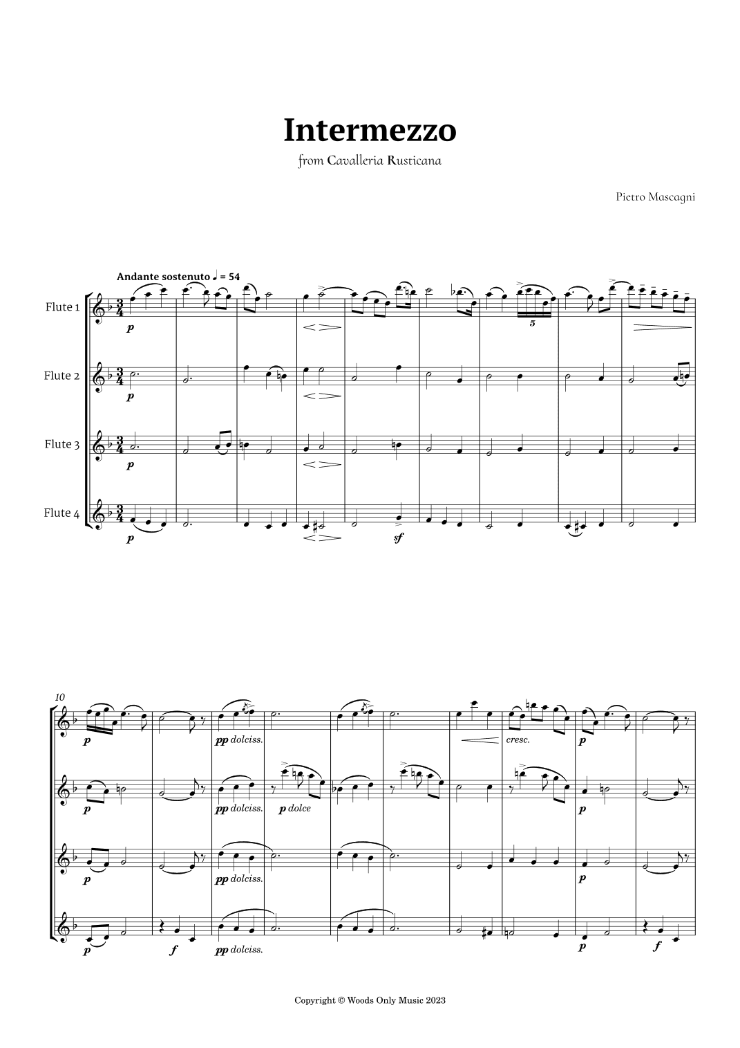 Intermezzo from Cavalleria Rusticana by Mascagni for Flute Quartet (arr. Ander)