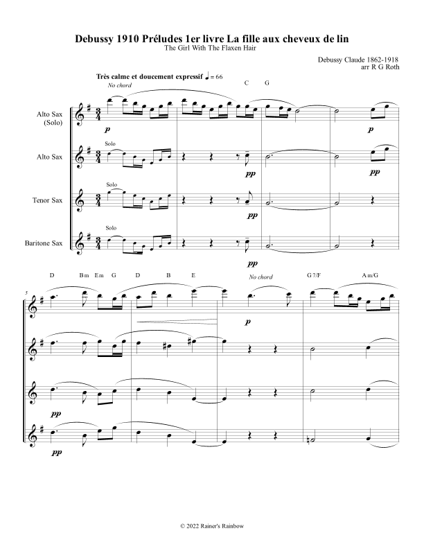 Debussy Prelude Girl With Flaxen Hair Sax Quartet (arr. R G Roth)