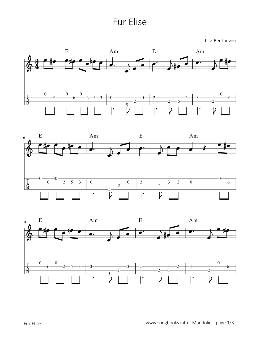 Für Elise - L. v. Beethoven (arr. songbooks.info)