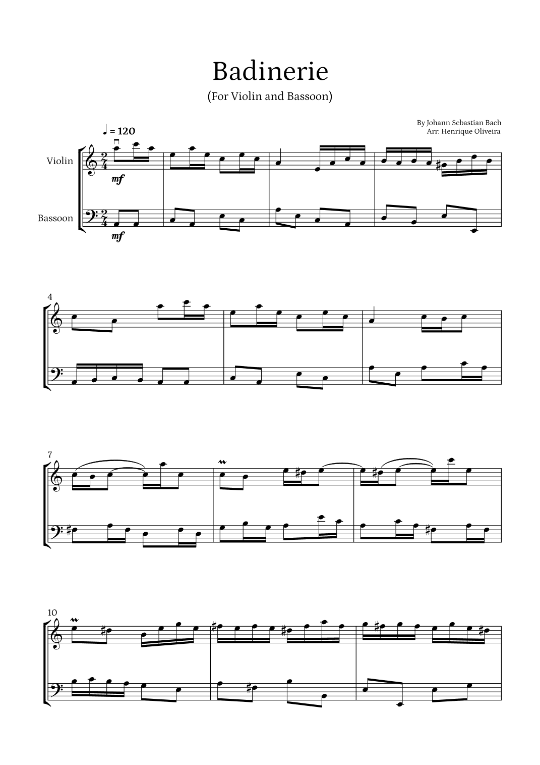 Badinerie by J. S. Bach (For Violin and Bassoon) (arr. Henrique Oliveira)