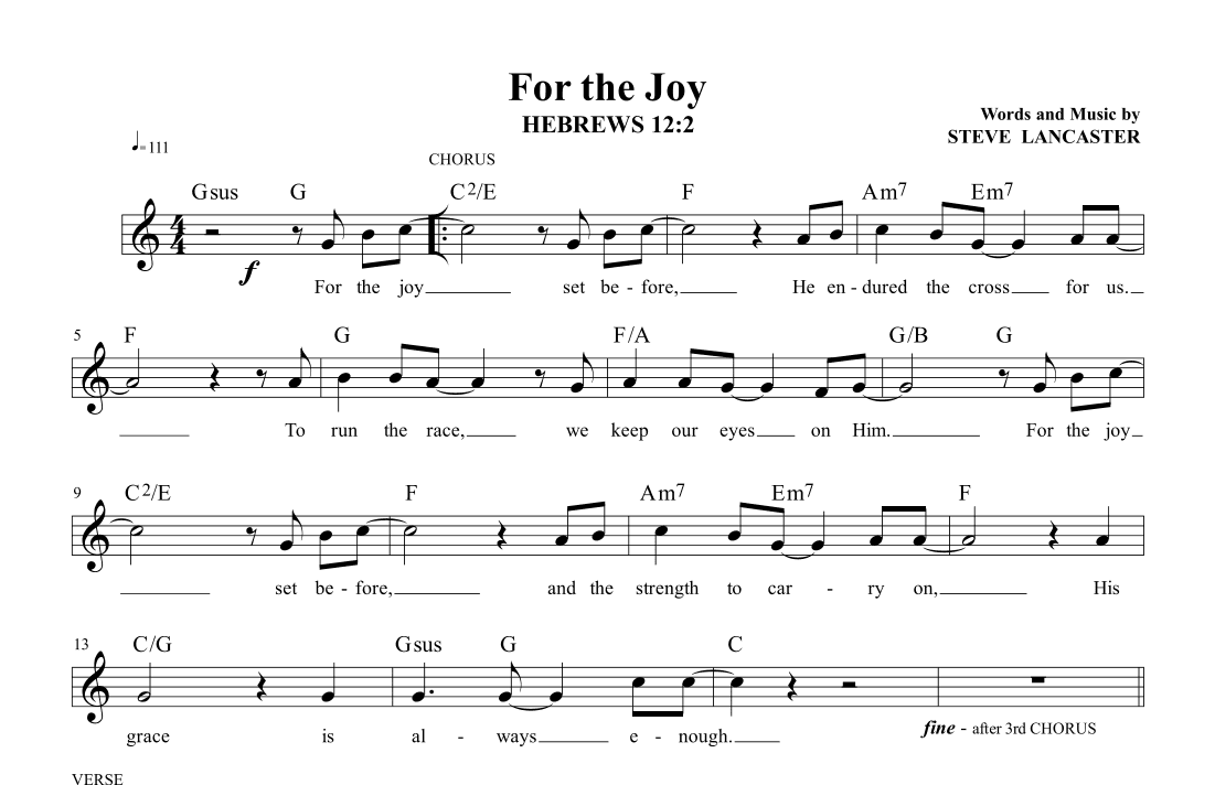 For the Joy - Hebrews 12:2 - worship chorus lead sheet