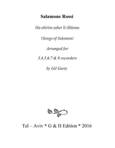 Ha-shirim asher li-Shlomo (Songs of Solomon) - Edition for recorders (arr. Gil Garty)