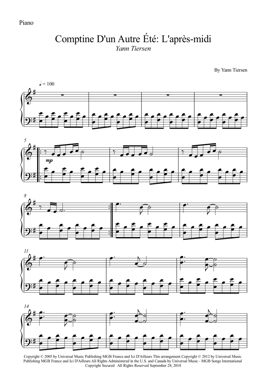 Comptine D'un Autre Été: L'après-midi (arr. Wesley S. SIlva)