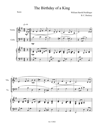 The Birthday of a King (Violin and Cello Duet with Piano Accompaniment) (arr. B. C. Dockery)