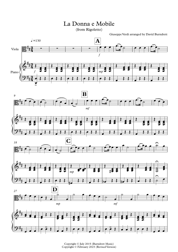 La Donna e Mobile (from Rigoletto) for Viola and Piano (arr. David Burndrett)