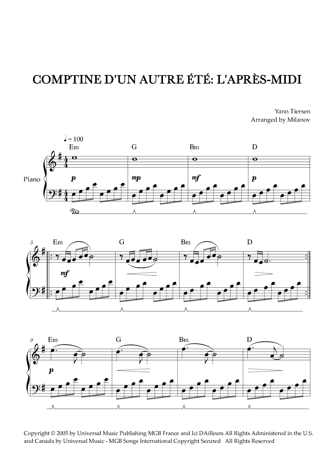 Comptine D'un Autre Été: L'après-midi (arr. Milanov)