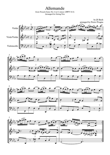 Allemande from French Suite No 2 in C minor (BWV 813) by JS Bach - arranged for String Trio (arr. Pietro Prugna)