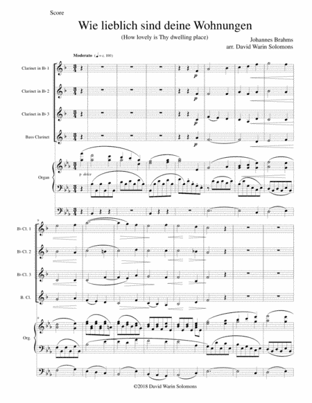 Wie lieblich sind deine Wohnungen (How lovely is Thy dwelling place) for clarinet quartet and organ (arr. David Warin Solomons)
