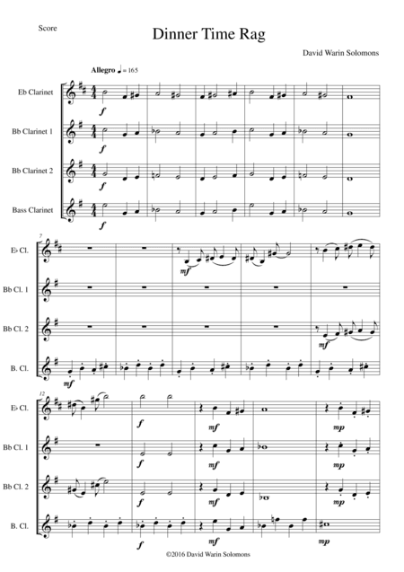 Dinner Time Rag for clarinet quartet (1 E-flat Clarinet, 2 B-flat clarinets, 1 bass clarinet)
