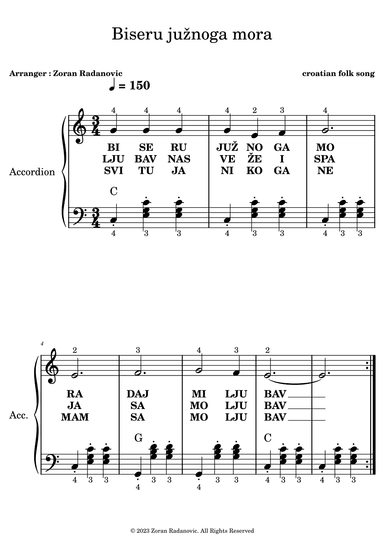 Biseru juznoga mora - for accordion beginner (arr. Zoran Radanovic)