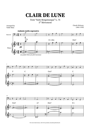 Clair de Lune - Bassoon and Piano + CHORDS (arr. Valdir Maia)