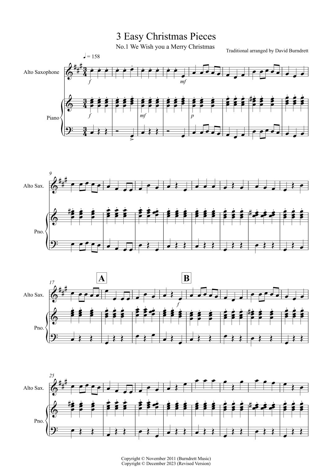 3 Easy Christmas Pieces for Alto Saxophone and Piano (arr. David Burndrett)