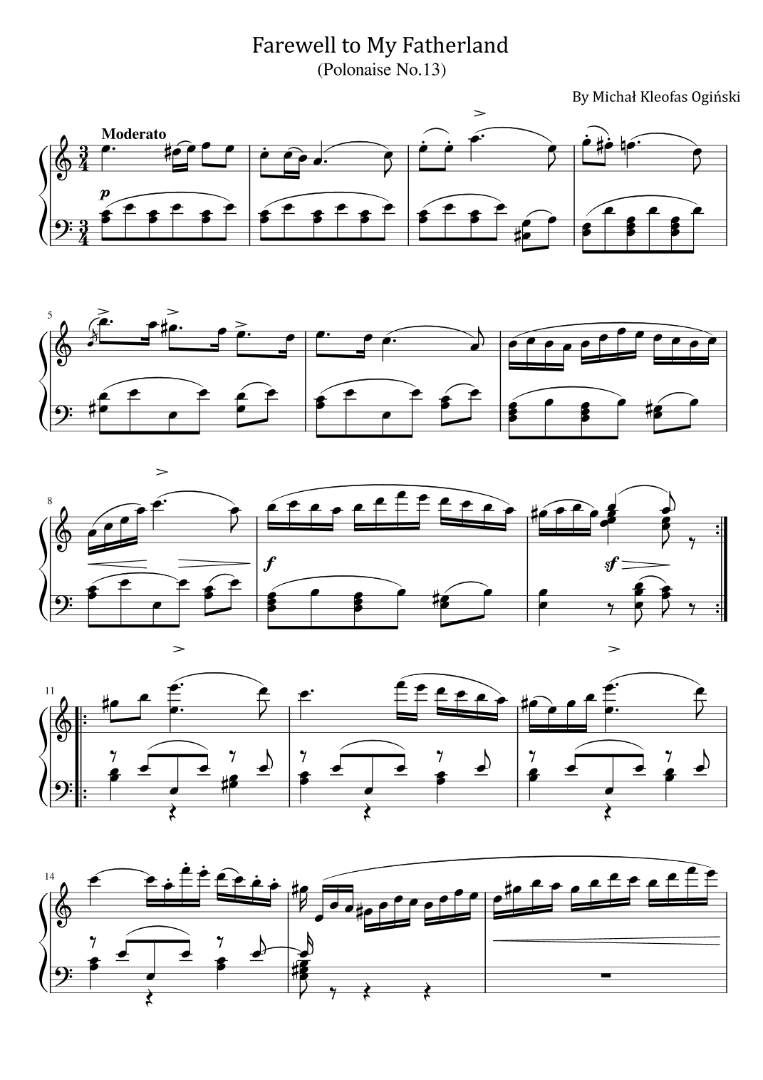 M.Oginski - Farewell to My Fatherland - For Easy Piano (Polonaise No.13) (arr. poon)