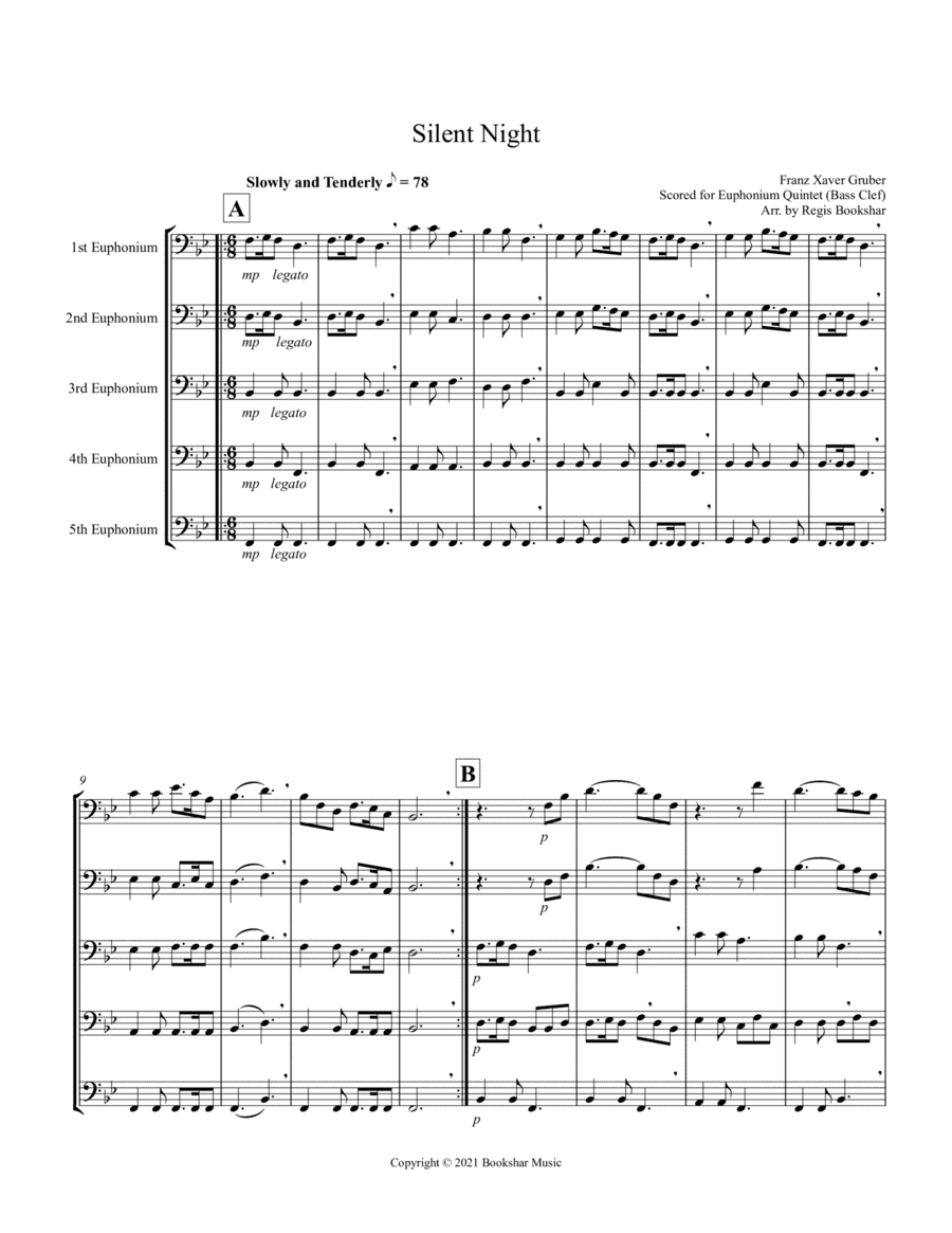 Silent Night (Bb) (Euphonium Quintet - Bass Clef) (arr. Regis Bookshar)