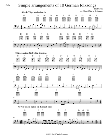 10 Volkslieder - Simple arrangements of 10 German folk songs (cello and guitar chords) (arr. David Warin Solomons)