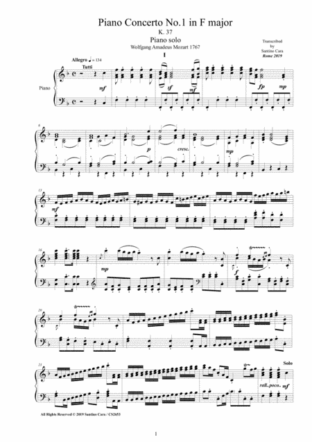 Mozart - Piano Concerto No.1 in F major K 37 for Piano version (arr. Santino Cara)