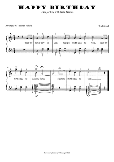 Happy Birthday with note names (arr. Harmony Valarie)